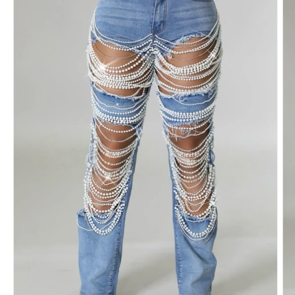 Blue Jeans with Pearl Embellishments